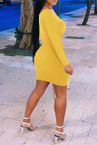 Yellow Sexy Casual Solid Fold V Neck Long Sleeve Dresses