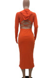 Tangerine Red Sexy Solid Patchwork Backless Hooded Collar One Step Skirt Dresses
