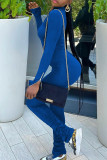 Blue Fashion Street Solid Split Joint Zipper Collar Jumpsuits