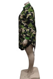 Green Casual Print Camouflage Print Split Joint Zipper Hooded Collar Plus Size Overcoat