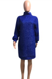 Blue Fashion Casual Solid Basic Turtleneck Long Sleeve Dresses