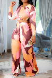 Pink Casual Print Patchwork O Neck Long Sleeve Two Pieces