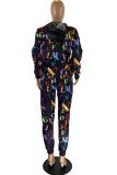 Black Fashion Casual Letter Print Basic Hooded Collar Long Sleeve Two Pieces
