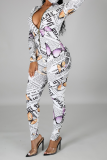 White Sexy Print Patchwork Turndown Collar Skinny Jumpsuits