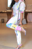 White Casual Print Patchwork Hooded Collar Long Sleeve Two Pieces