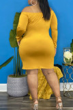 Yellow Sexy Solid Split Joint Draw String Fold V Neck One Step Skirt Plus Size Dresses
