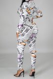 White Sexy Print Patchwork Turndown Collar Skinny Jumpsuits