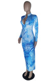 Purple Fashion Print Patchwork Zipper Collar Long Sleeve Dresses