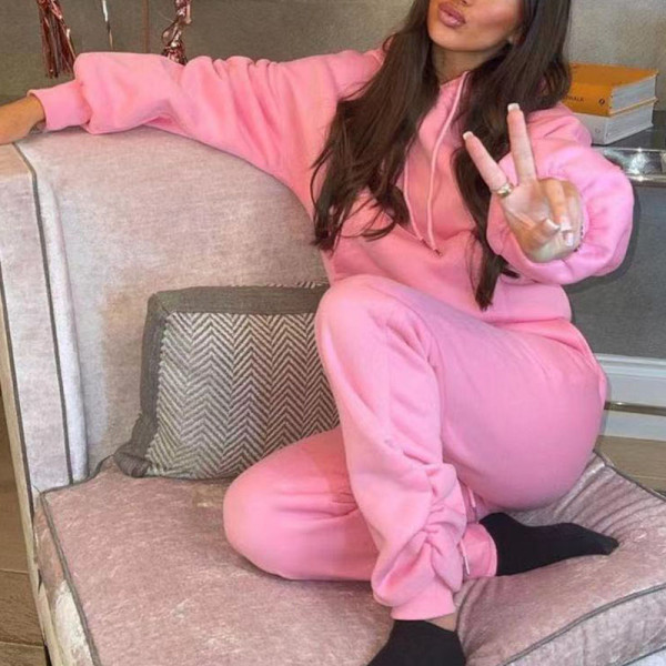 Pink Fashion Sexy Solid Fold Hooded Collar Long Sleeve Two Pieces