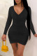 Black Sexy Casual Solid Fold V Neck Long Sleeve Dresses