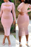 Pink Fashion Sexy Hot Drilling Hollowed Out Backless Turtleneck Long Sleeve Dresses