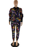 Black Fashion Casual Letter Print Basic Hooded Collar Long Sleeve Two Pieces