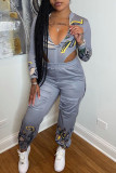 Silver Sexy Print Patchwork Asymmetrical Zipper Collar Long Sleeve Two Pieces
