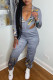 Silver Sexy Print Patchwork Asymmetrical Zipper Collar Long Sleeve Two Pieces