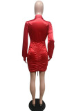 Red Fashion Casual Solid Fold Turndown Collar Wrapped Skirt Dresses