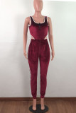 Wine Red Velvet Sexy Fashion adult Two Piece Suits Solid pencil Sleeveless