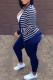 Royal Blue Fashion Simplicity Striped Patchwork Long Sleeve Two Pieces