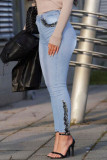 Deep Blue Fashion Street Solid Patchwork Plus Size Jeans