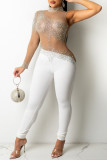 White Sexy Solid Split Joint See-through Asymmetrical Hot Drill Half A Turtleneck Skinny Jumpsuits