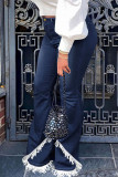 Blue Street Solid Tassel Split Joint High Waist Boot Cut Denim Jeans