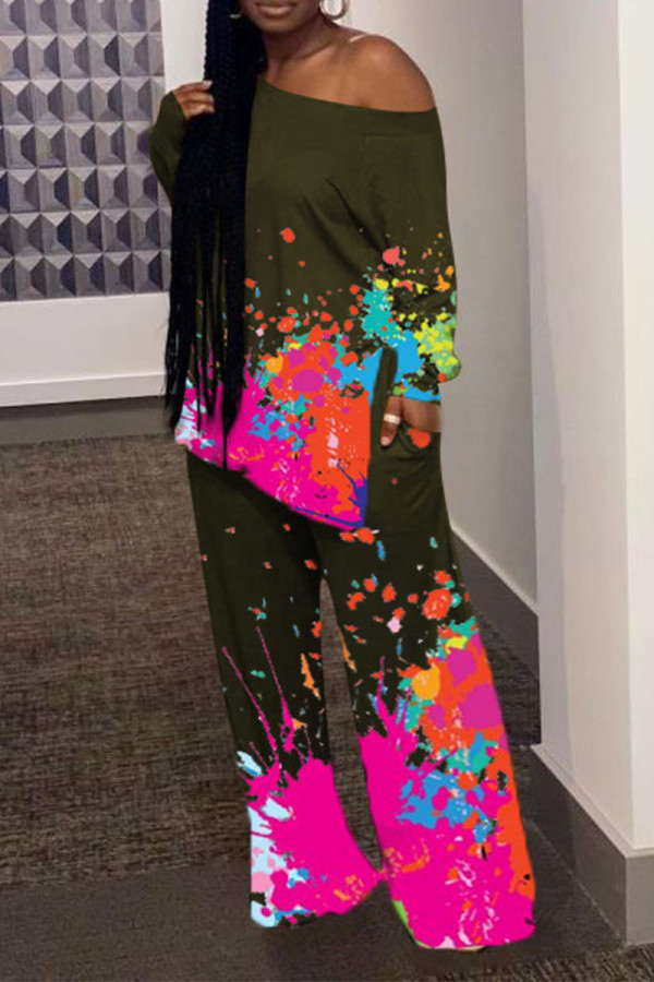 Green Casual Print Patchwork Oblique Collar Two Pieces