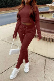 Deep Red Casual Solid Patchwork O Neck Long Sleeve Two Pieces