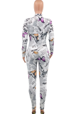 White Sexy Print Patchwork Turndown Collar Skinny Jumpsuits