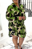 Green Casual Print Camouflage Print Split Joint Zipper Hooded Collar Plus Size Overcoat