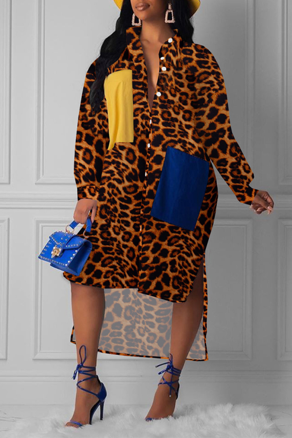 Leopard Print Casual Print Patchwork Turndown Collar Shirt Dress Dresses