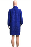 Blue Fashion Casual Solid Basic Turtleneck Long Sleeve Dresses