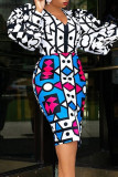 Yellow Blue Fashion Casual Print Patchwork V Neck Long Sleeve Dresses