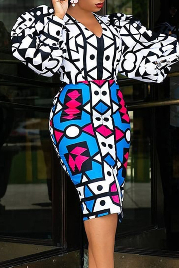 Black White Fashion Casual Print Patchwork V Neck Long Sleeve Dresses