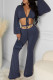 Royal Blue Fashion Casual Solid Bandage V Neck Long Sleeve Two Pieces (Without Belt )