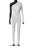 White Fashion Casual Solid Backless Oblique Collar Skinny Jumpsuits