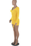 Yellow Sexy Casual Solid Fold V Neck Long Sleeve Dresses