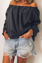 Black Casual Solid Stringy Selvedge Off the Shoulder Tops