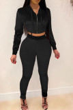 Black Solid Patchwork Zipper Hooded Collar Long Sleeve Two Pieces