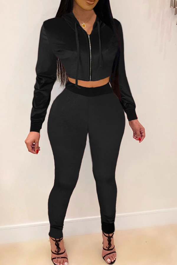 Black Solid Patchwork Zipper Hooded Collar Long Sleeve Two Pieces