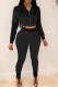 Black Solid Patchwork Zipper Hooded Collar Long Sleeve Two Pieces