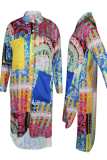 Multicolor Casual Print Patchwork Turndown Collar Shirt Dress Dresses