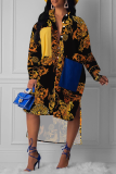 Multicolor Casual Print Patchwork Turndown Collar Shirt Dress Dresses
