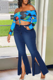 Deep Blue Fashion Street Solid Slit Plus Size Jeans