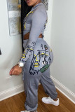 Silver Sexy Print Patchwork Asymmetrical Zipper Collar Long Sleeve Two Pieces