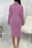 Purple Casual Solid Split Joint Turtleneck One Step Skirt Dresses