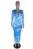 Purple Fashion Print Patchwork Zipper Collar Long Sleeve Dresses