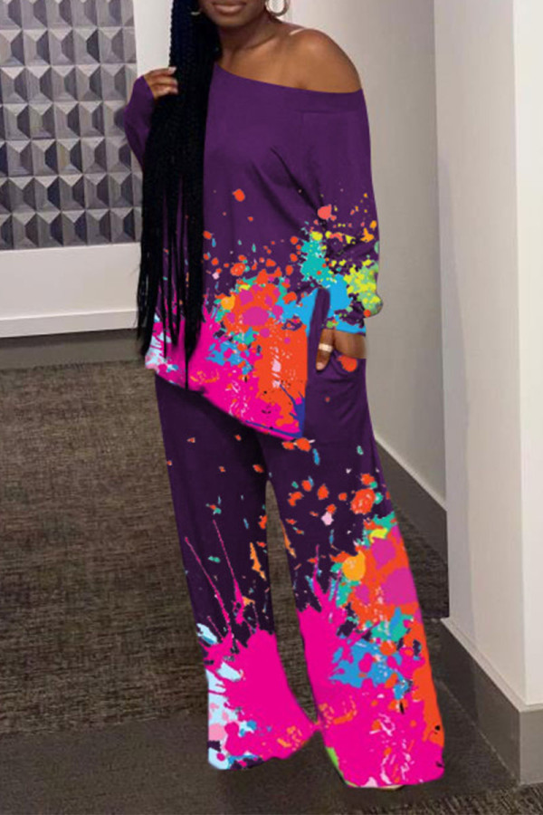 Purple Casual Print Patchwork Oblique Collar Two Pieces