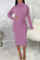 Purple Casual Solid Split Joint Turtleneck One Step Skirt Dresses