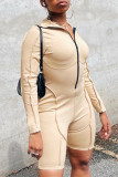 Khaki Fashion Casual Solid Split Joint Zipper Collar Skinny Romper