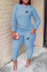 Light Blue Fashion Casual Print Basic O Neck Long Sleeve Two Pieces