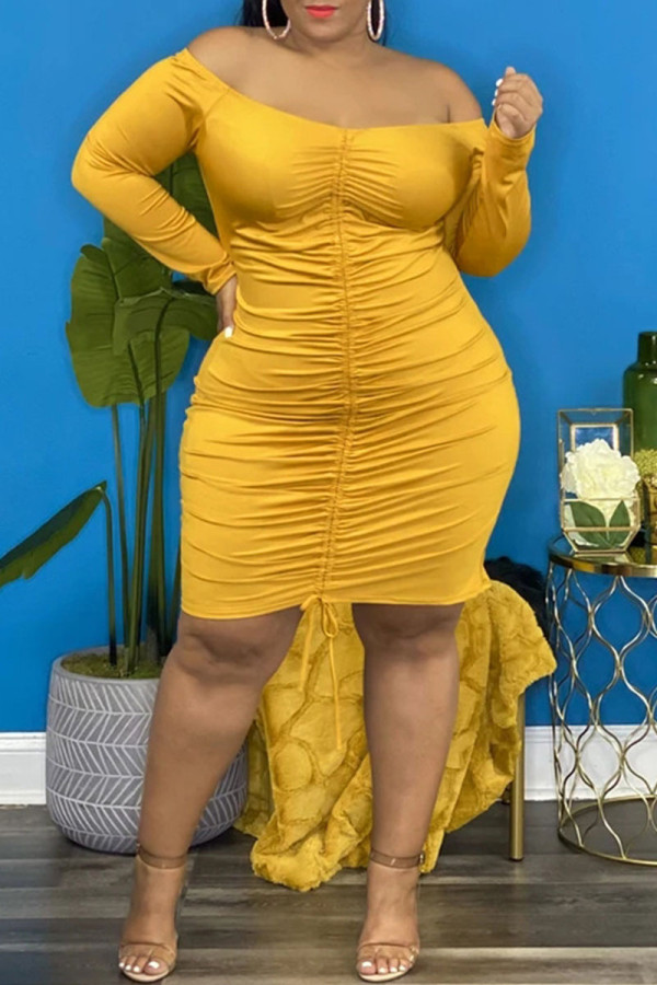 Yellow Sexy Solid Split Joint Draw String Fold V Neck One Step Skirt Plus Size Dresses